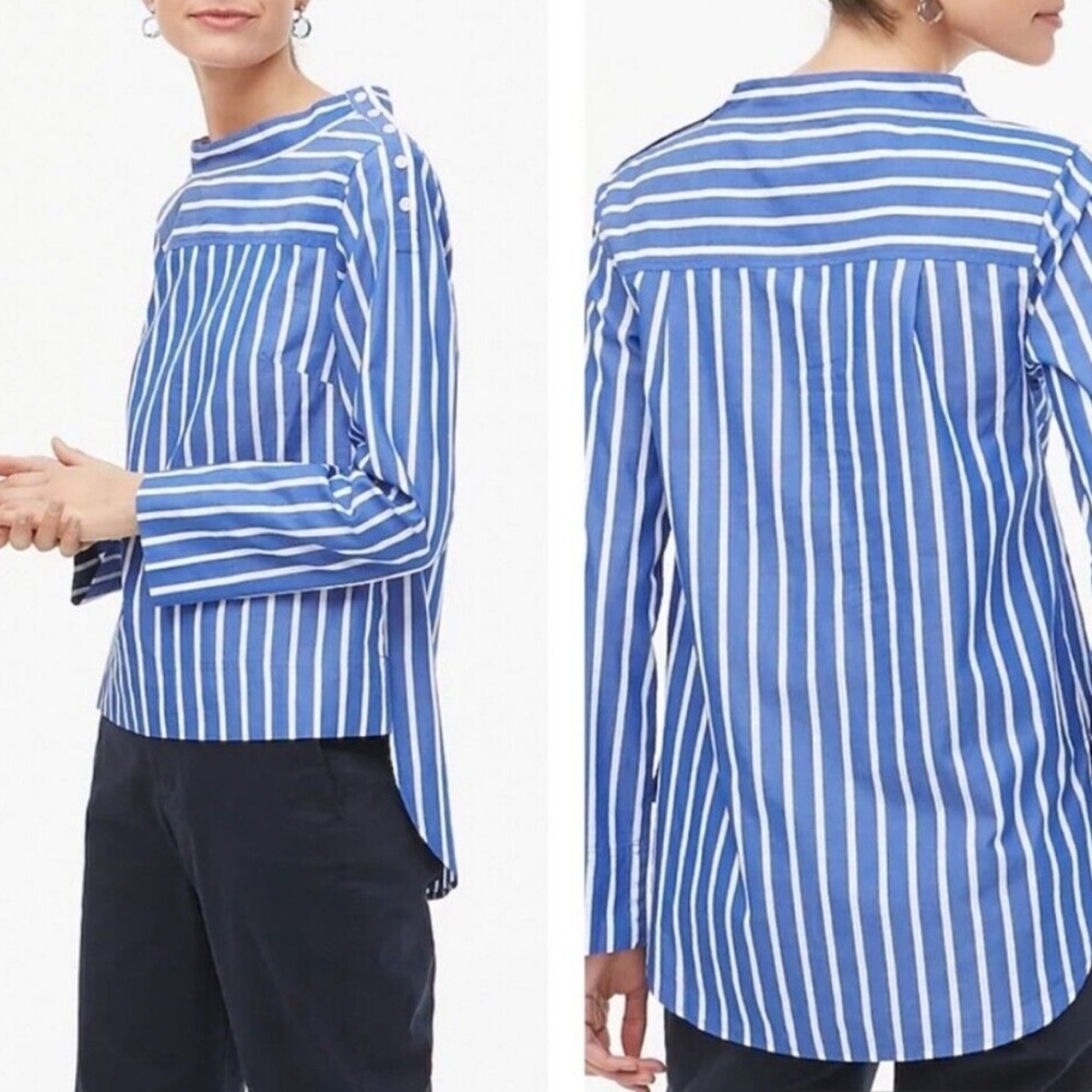 Jcrew size 2 blue and white striped funnel neck cotton blouse, buttons at neck